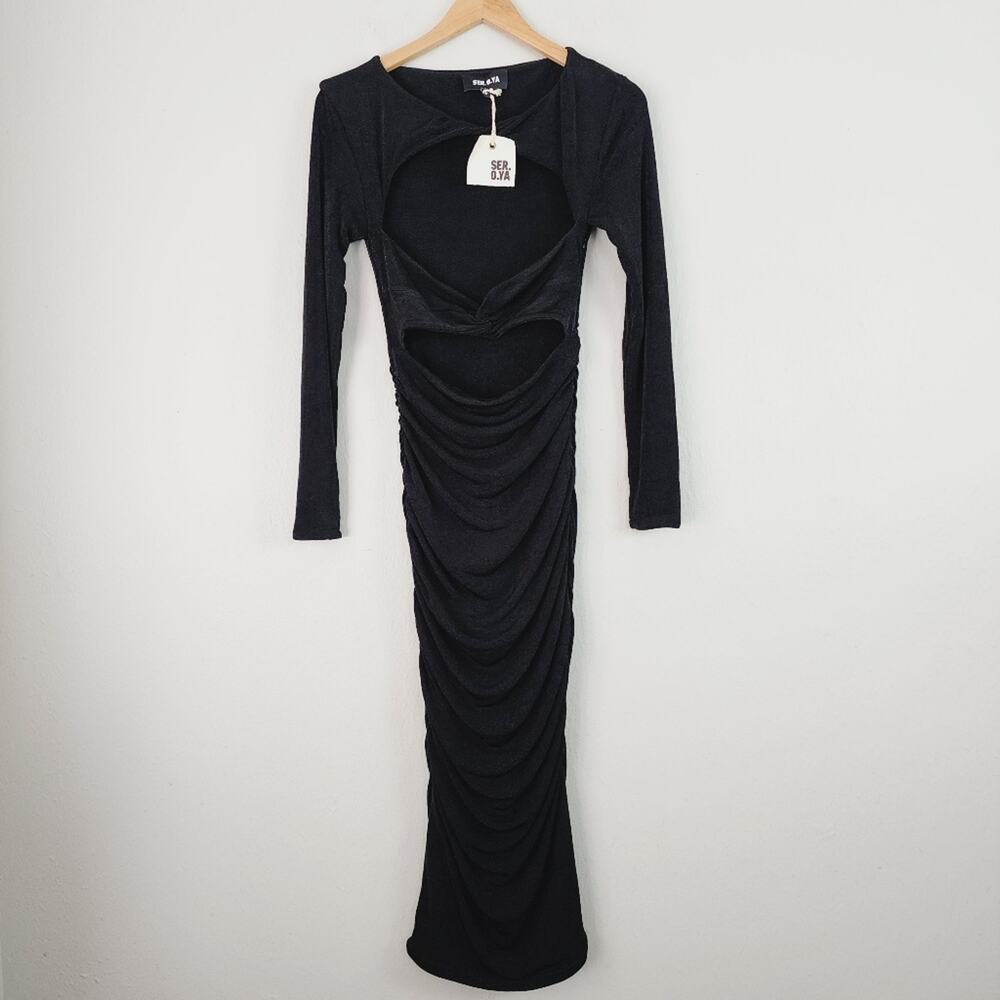 SER.O.YA Eden Cutout Midi Dress Black LBD Long Sleeve NWT Retrofete Large - Picture 4 of 13